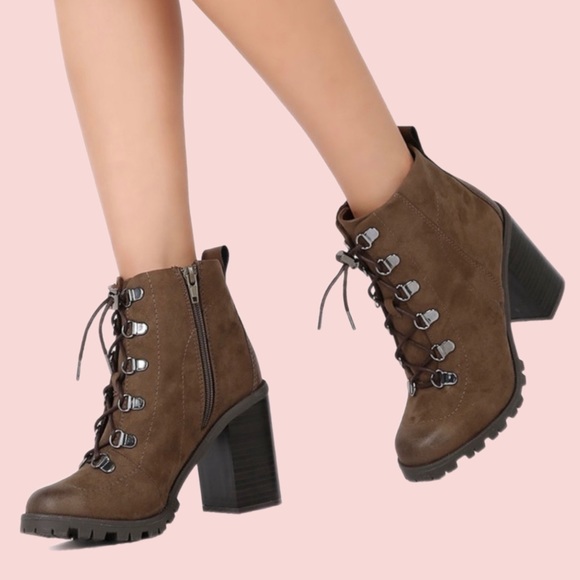 LACE-UP HIKER BOOTIE with 3.5 inch heel - KHAKI OIL COLOR BRAND BRW IN BOX! - Picture 2 of 14